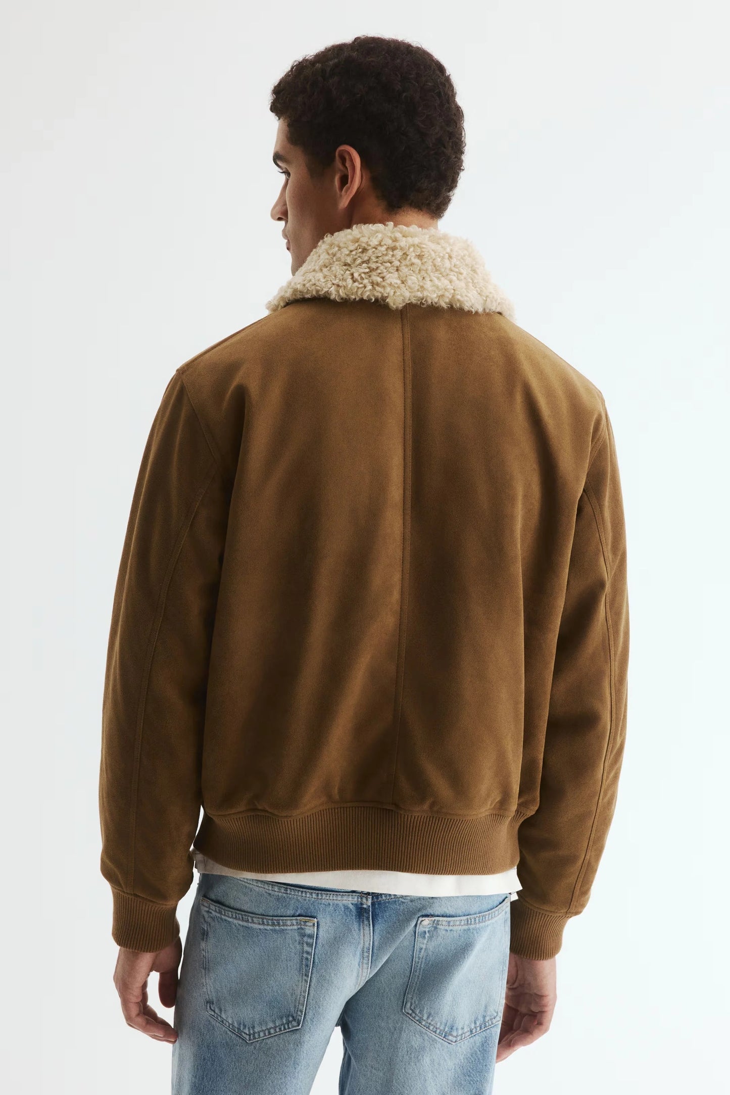 Suede-Look Jacket with Shearling Collar | Brown Aviator Bomber