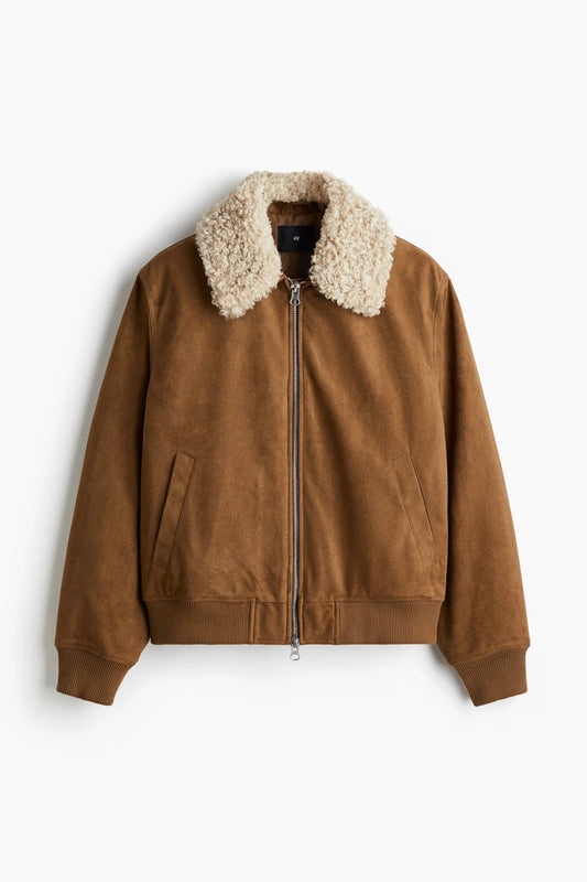 Suede-Look Jacket with Shearling Collar | Brown Aviator Bomber
