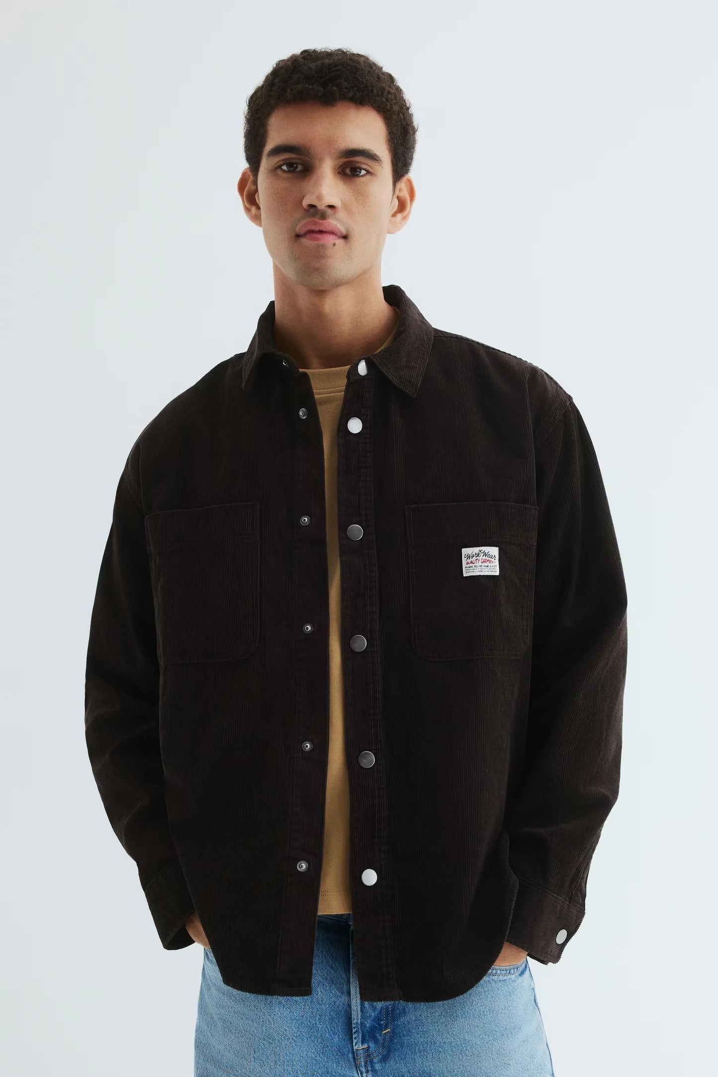 Corduroy Overshirt Jacket in Dark Brown | Snap Button Workwear Style