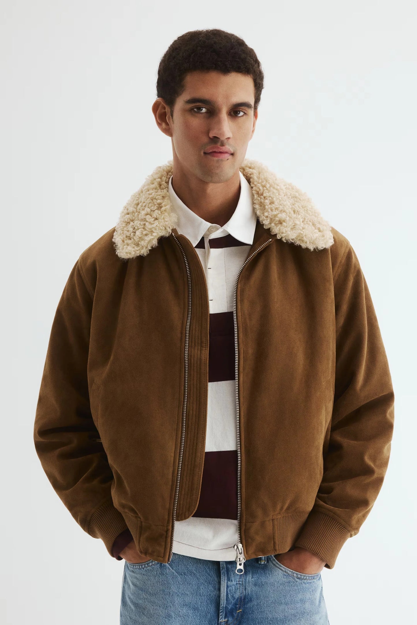 Suede-Look Jacket with Shearling Collar | Brown Aviator Bomber