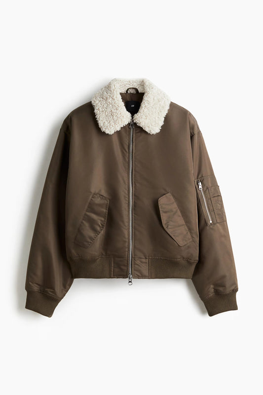 Bomber Jacket with Shearling Collar | Brown Aviator Flight Jacket