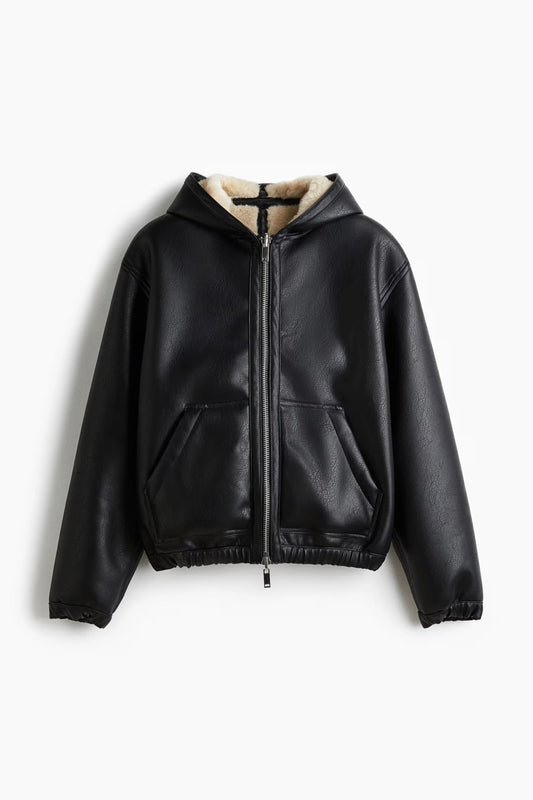 Hooded Faux Leather Jacket in Black | Shearling Lined Winter Jacket