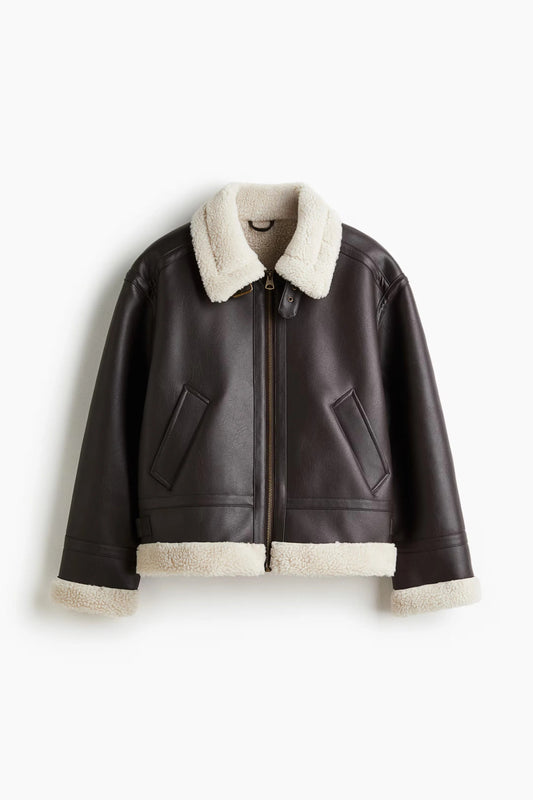 Shearling Leather Jacket with Faux Fur Collar | Winter Aviator Style