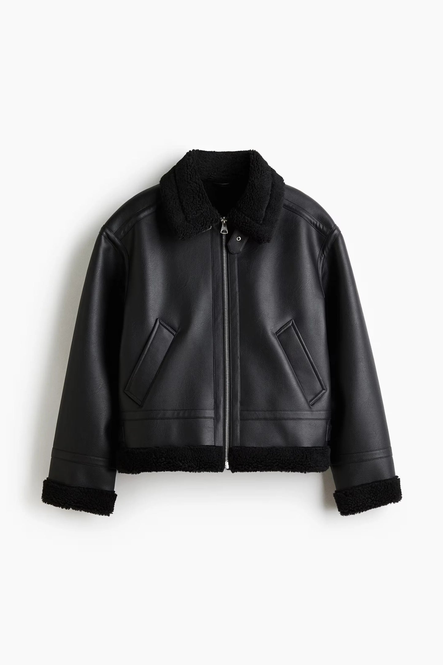 Black Shearling Leather Jacket | Aviator Zip-Up Winter Jacket