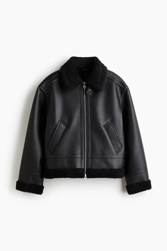 Black Shearling Leather Jacket | Aviator Zip-Up Winter Jacket