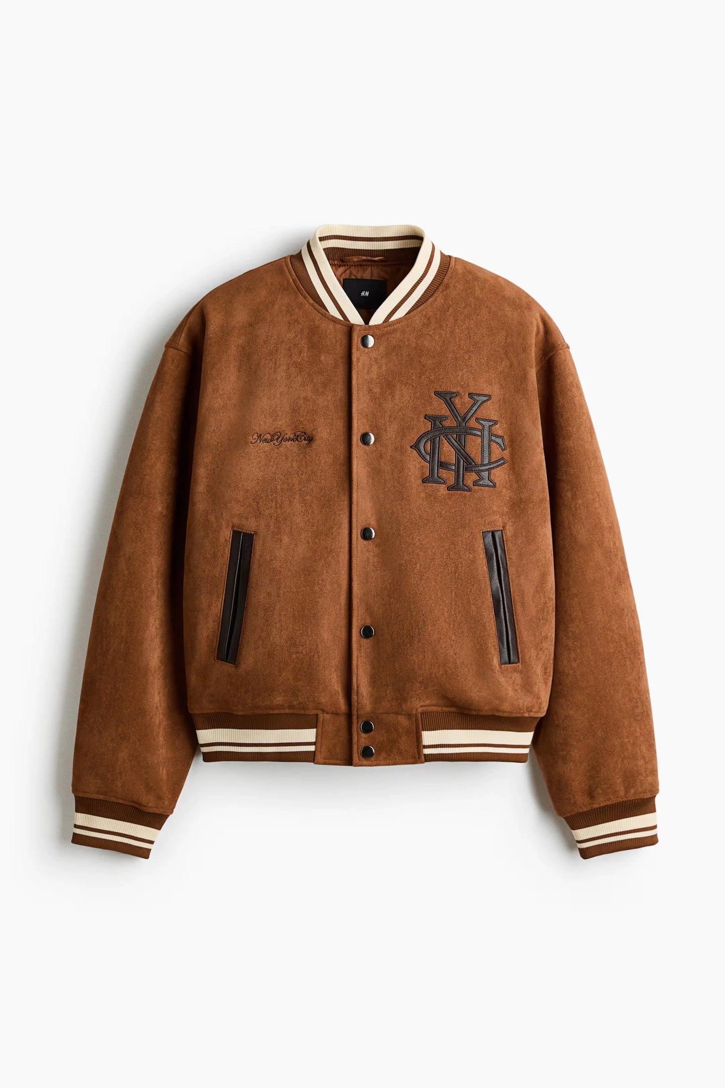 Varsity Bomber Jacket in Brown | Suede-Look College Style