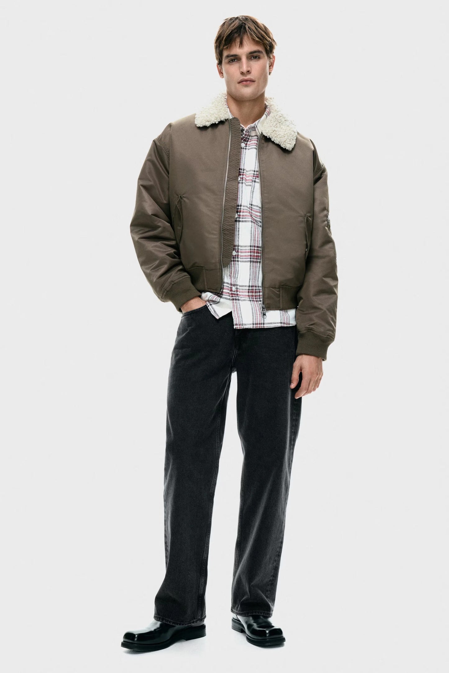 Bomber Jacket with Shearling Collar | Brown Aviator Flight Jacket