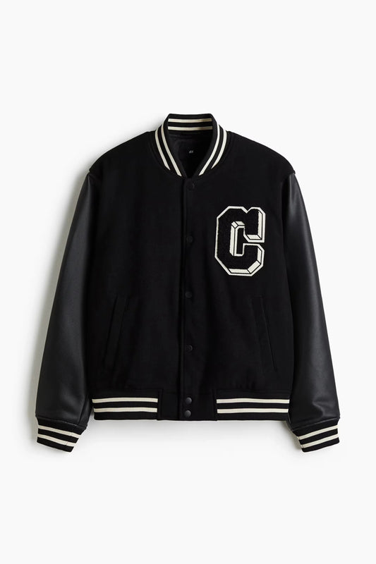 Varsity Jacket in Black | Letterman Bomber with Contrast Sleeves