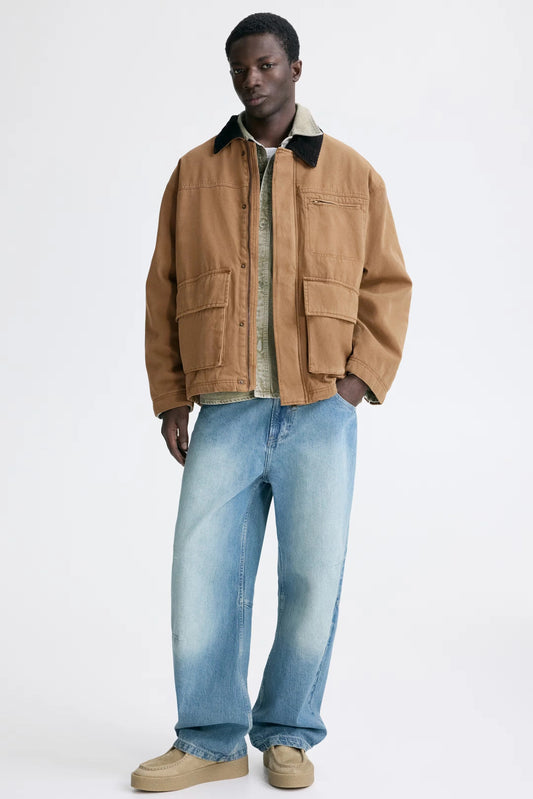 Canvas Workwear Jacket with Contrast Collar | Casual Utility Jacket