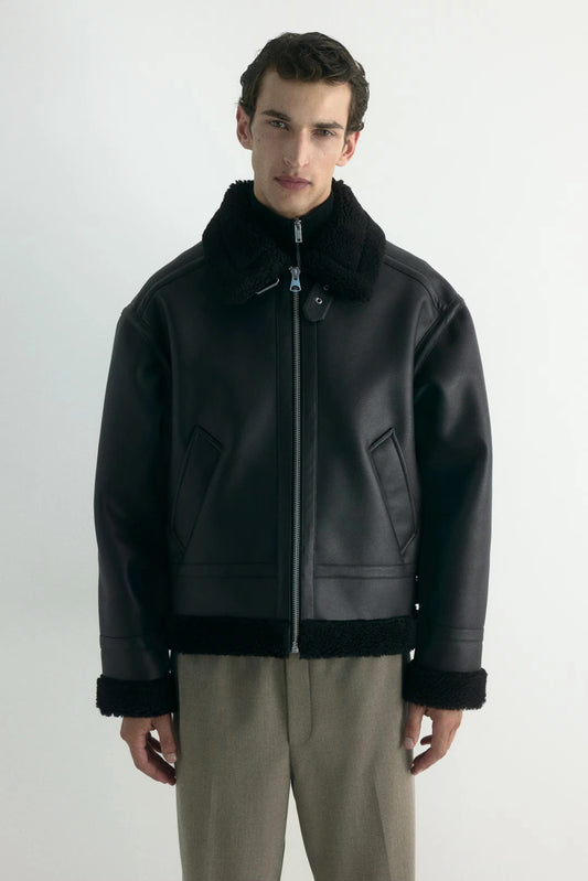 Black Shearling Leather Jacket | Aviator Zip-Up Winter Jacket