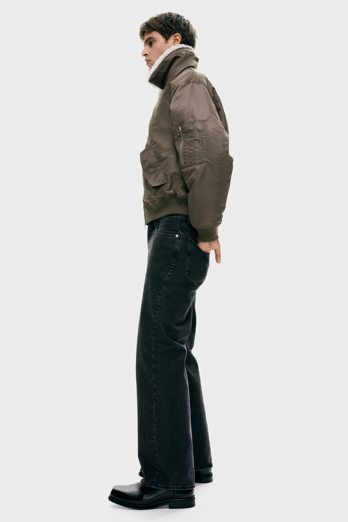 Bomber Jacket with Shearling Collar | Brown Aviator Flight Jacket