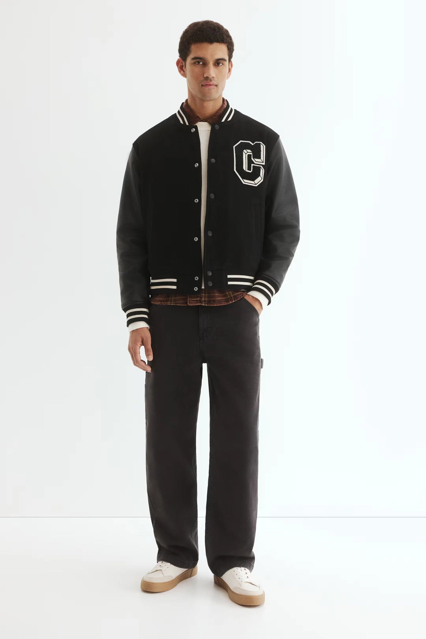 Varsity Jacket in Black | Letterman Bomber with Contrast Sleeves