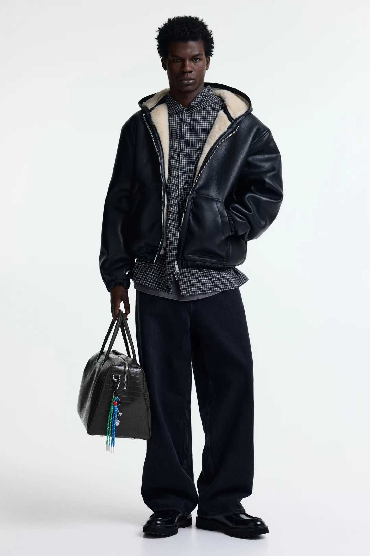 Hooded Faux Leather Jacket in Black | Shearling Lined Winter Jacket