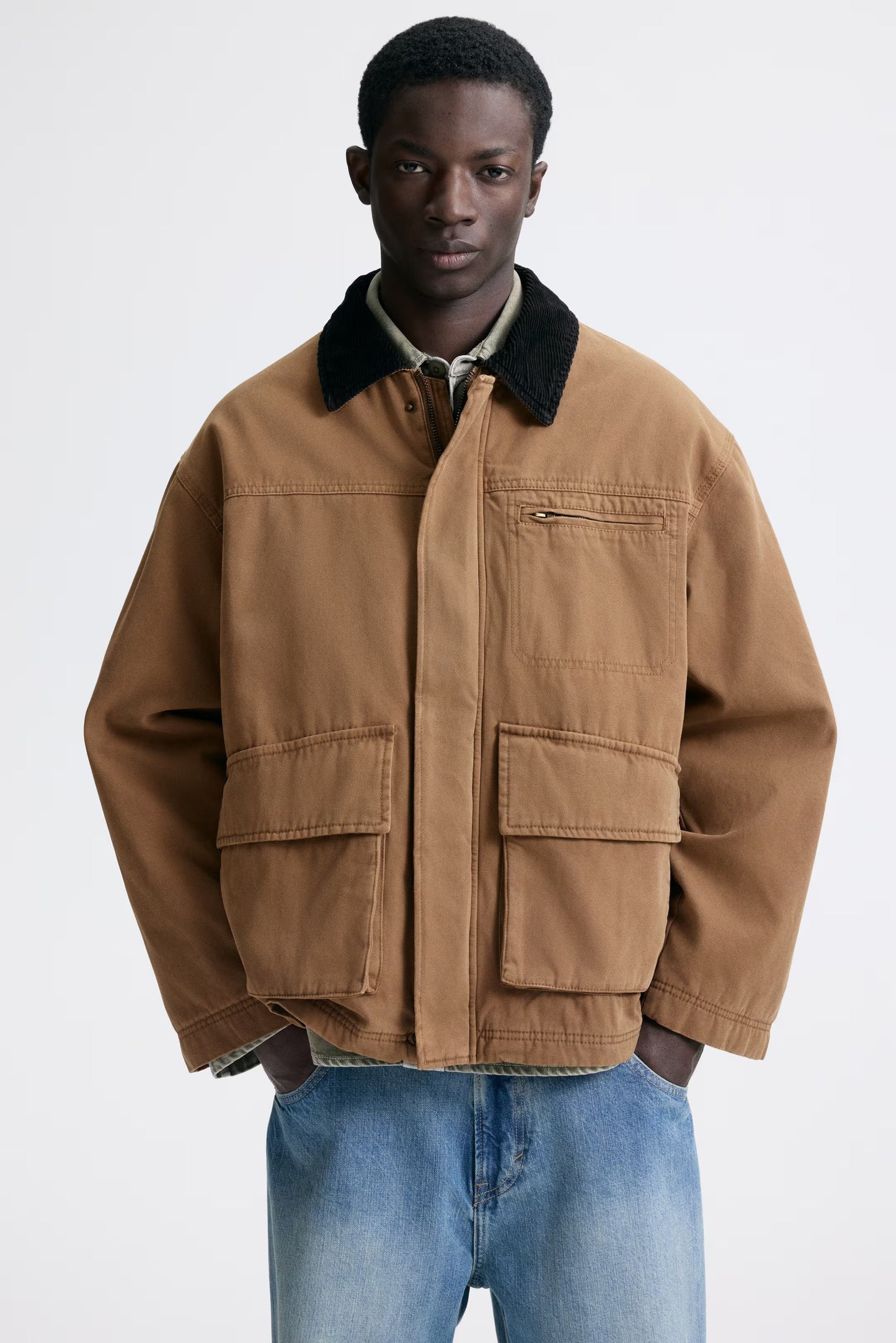 Canvas Workwear Jacket with Contrast Collar | Casual Utility Jacket