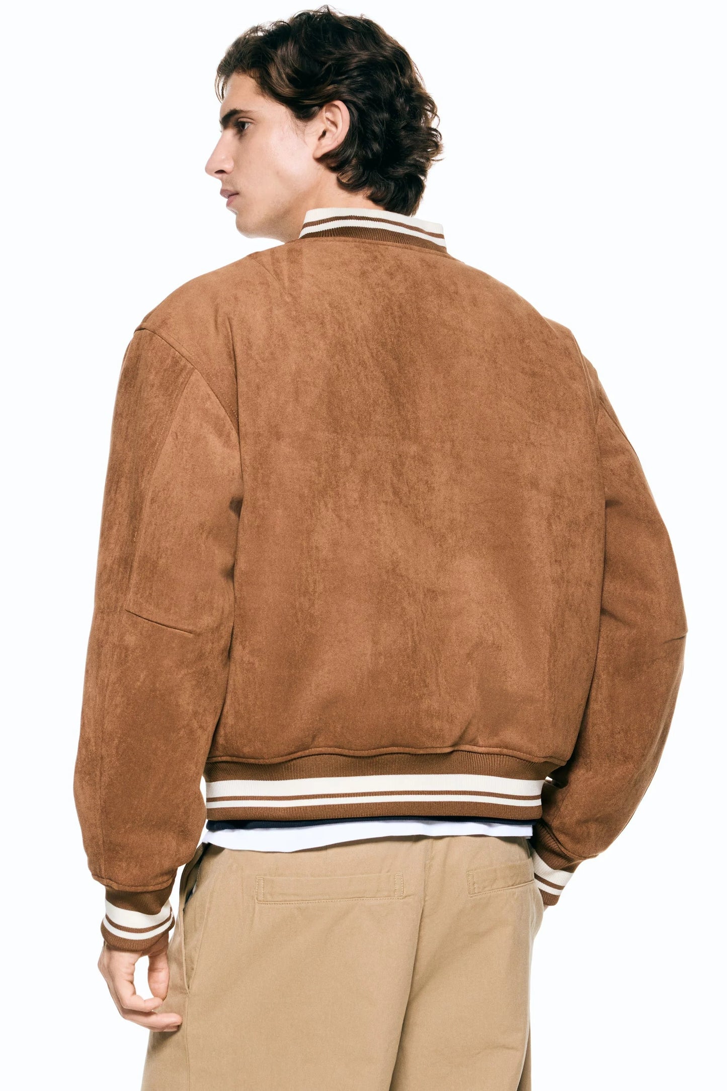 Varsity Bomber Jacket in Brown | Suede-Look College Style