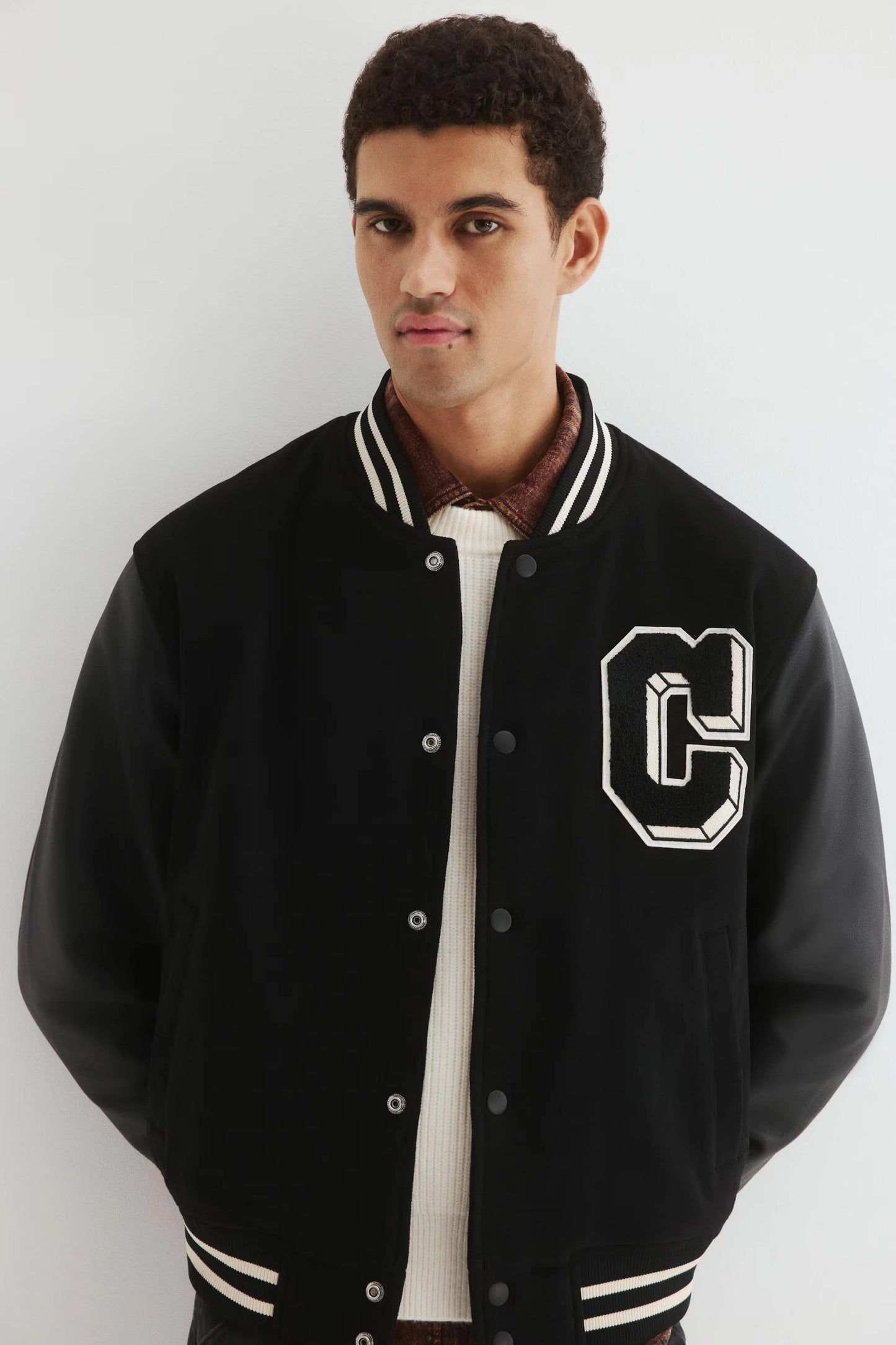 Varsity Jacket in Black | Letterman Bomber with Contrast Sleeves
