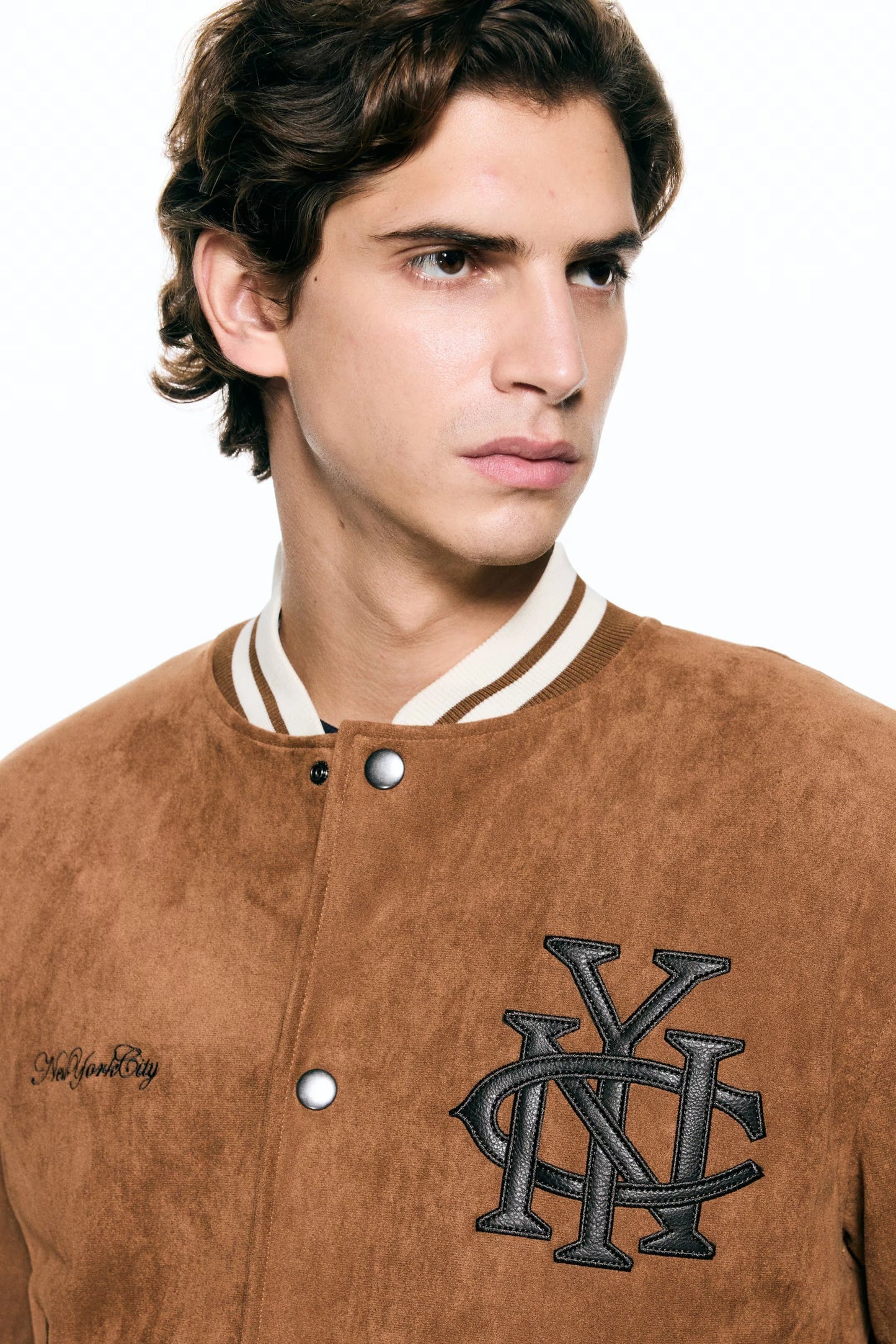 Varsity Bomber Jacket in Brown | Suede-Look College Style