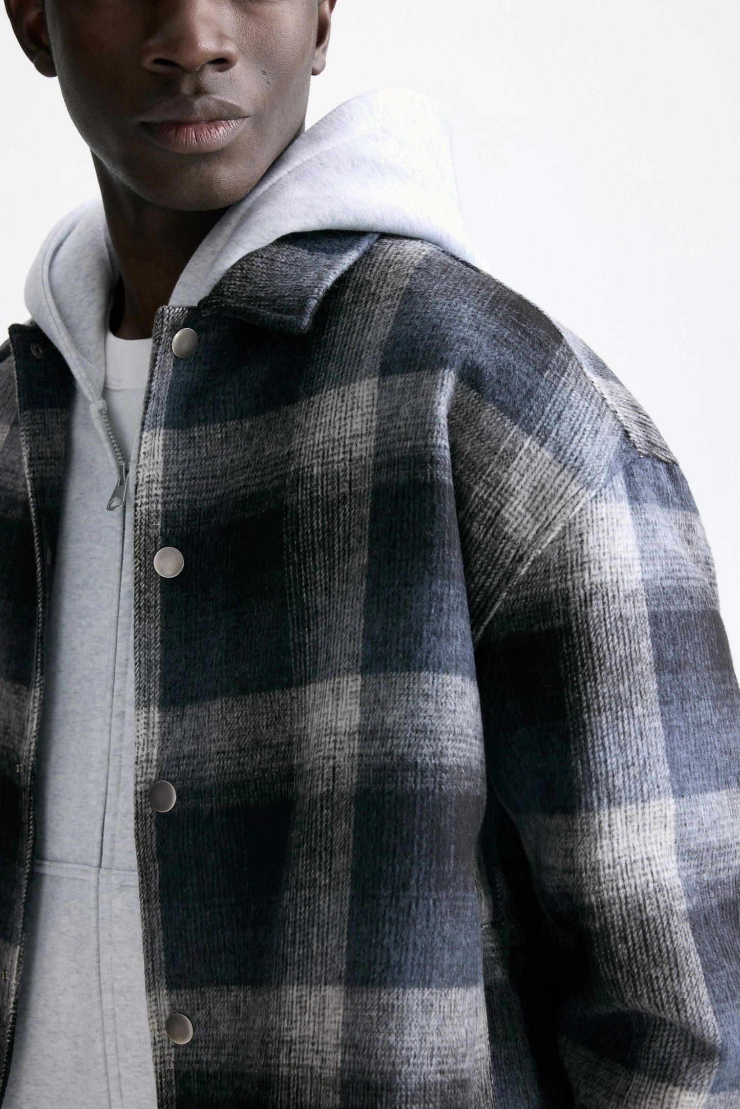 Plaid Overshirt Jacket in Blue Grey | Snap Button Casual Layer