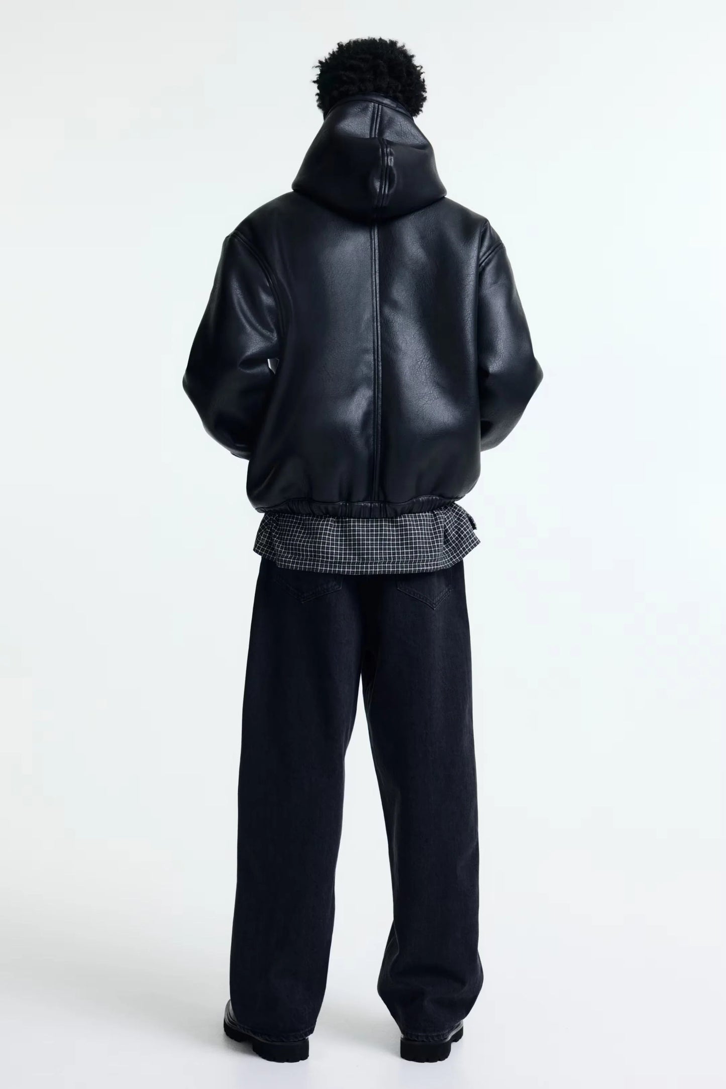 Hooded Faux Leather Jacket in Black | Shearling Lined Winter Jacket