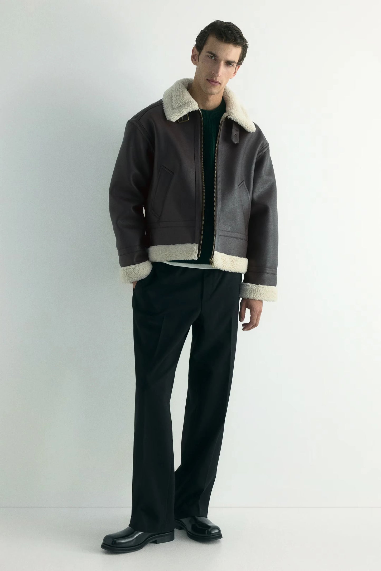 Shearling Leather Jacket with Faux Fur Collar | Winter Aviator Style