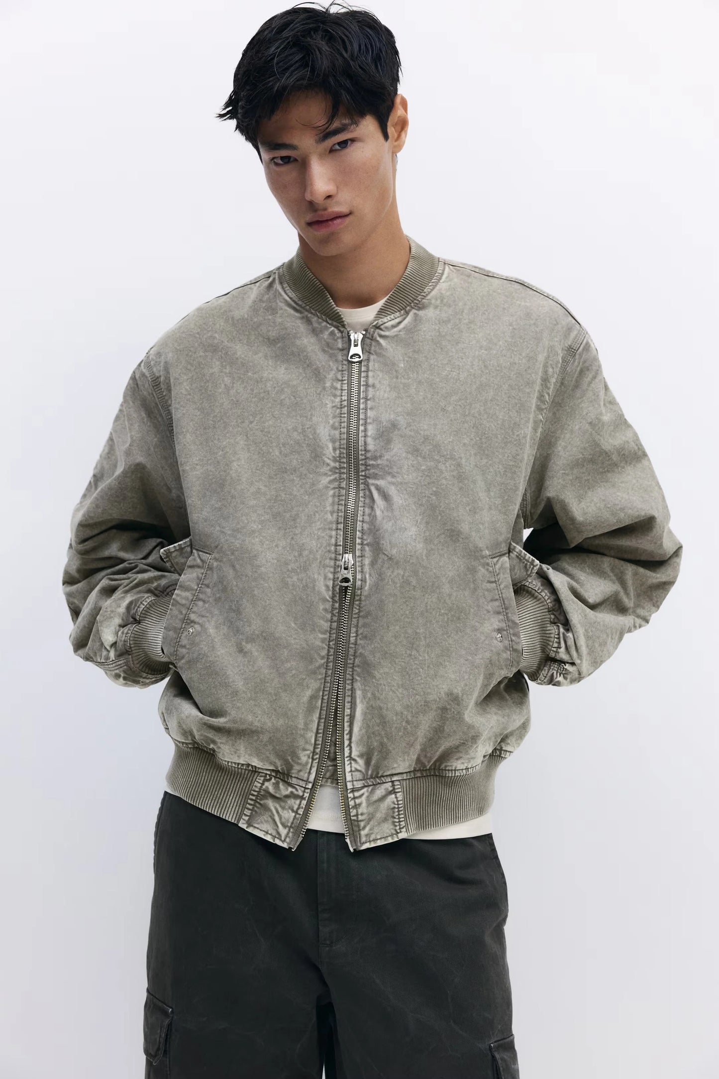 Washed Bomber Jacket | Vintage Zip-Up Casual Jacket