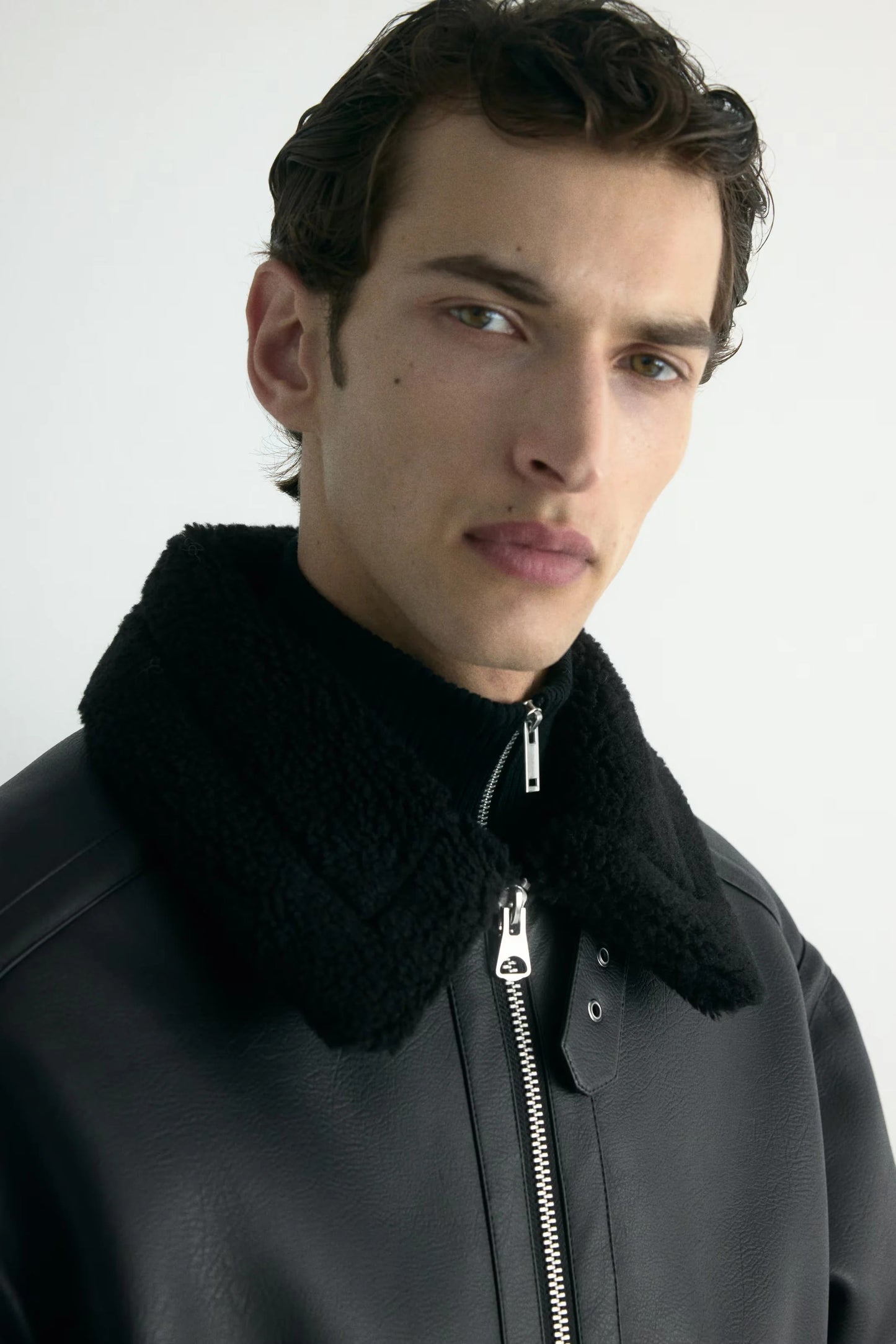 Black Shearling Leather Jacket | Aviator Zip-Up Winter Jacket